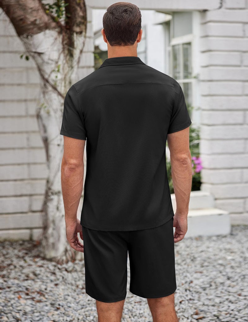 COOFANDY Men 2 Piece Short Set Casual Short Sleeve Shirt and Short Beach Set Black Large - Image 4