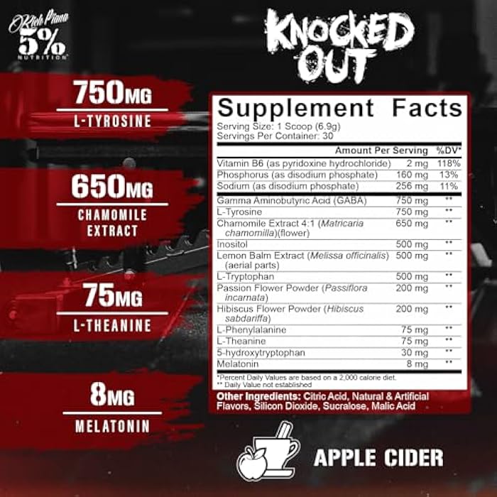 5% Nutrition Rich Piana Knocked Out Natural Sleep Aid | Post-Workout Recovery & Deep Sleep Supplement | GABA, Melatonin, Chamomile, Tyrosine, 5-HTP, & More | 7.2 oz, 30 Servings (Apple Cider) - Image 3