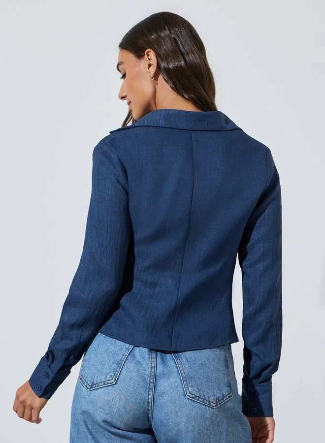 Styli  Blue Asymmetric Hem Fitted Wrap Top for Women | Best Price UAE