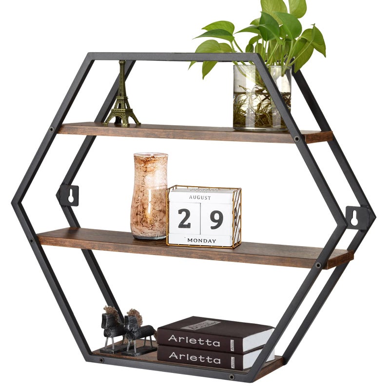 BCOZLUX Hexagon Shelves for Wall, Hexagon Floating Shelves, Decorative Geometric Shelf for Wall Decor, Farmhouse Style Shelves for Bathroom Living Room, Rustic Brown Black - Image 1