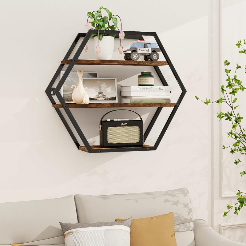 BCOZLUX Hexagon Shelves for Wall, Hexagon Floating Shelves, Decorative Geometric Shelf for Wall Decor, Farmhouse Style Shelves for Bathroom Living Room, Rustic Brown Black - Image 3