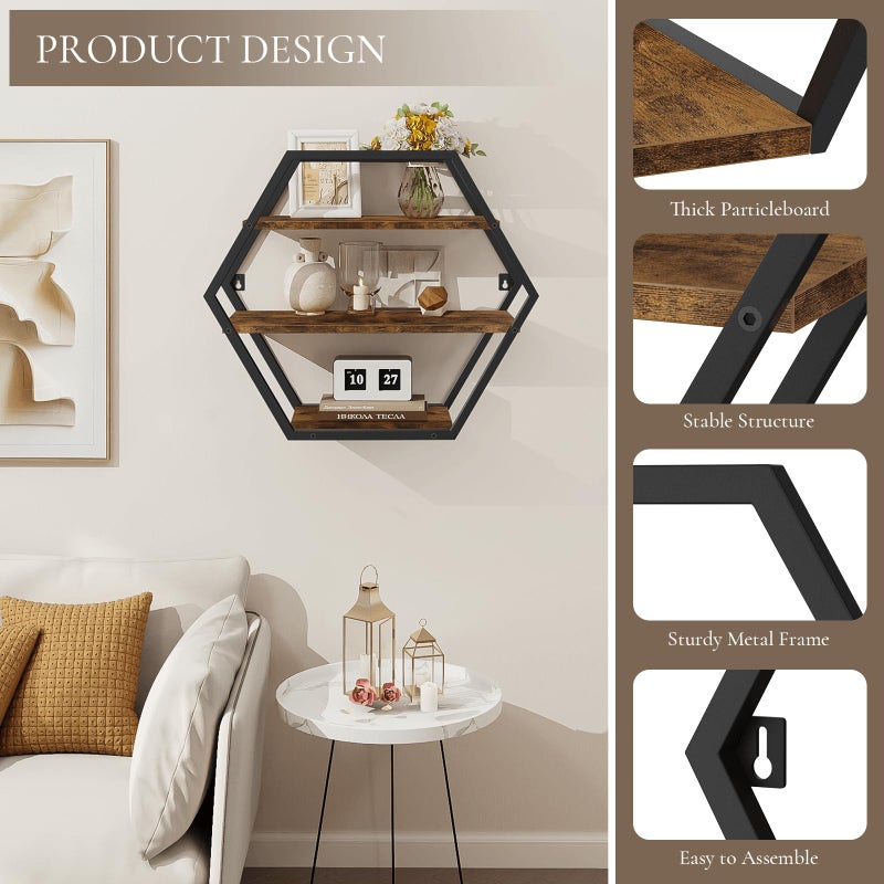 BCOZLUX Hexagon Shelves for Wall, Hexagon Floating Shelves, Decorative Geometric Shelf for Wall Decor, Farmhouse Style Shelves for Bathroom Living Room, Rustic Brown Black - Image 4