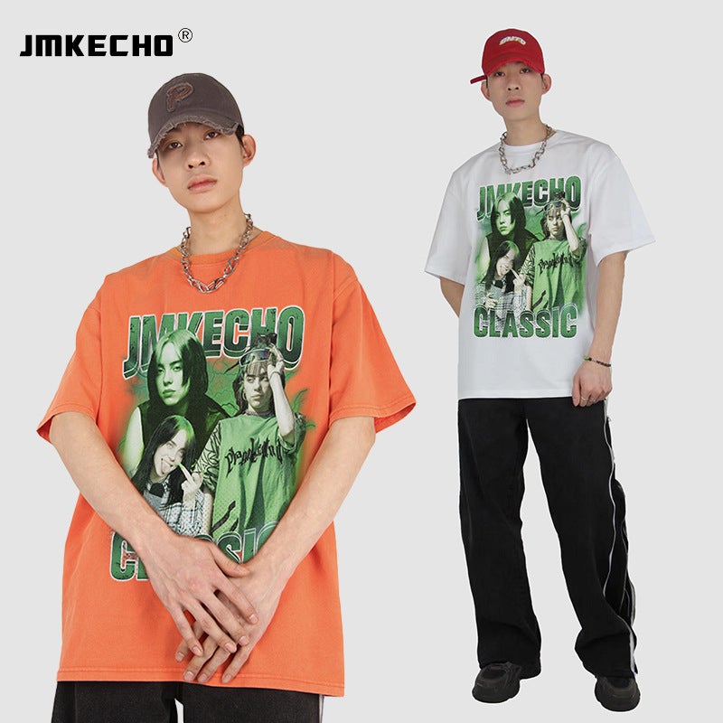 JMKECHO Men's American Character Printed Washed Short-Sleeved T-Shirt oversize Street Fashion Brand Hip-Hop for Men and Women - Image 2