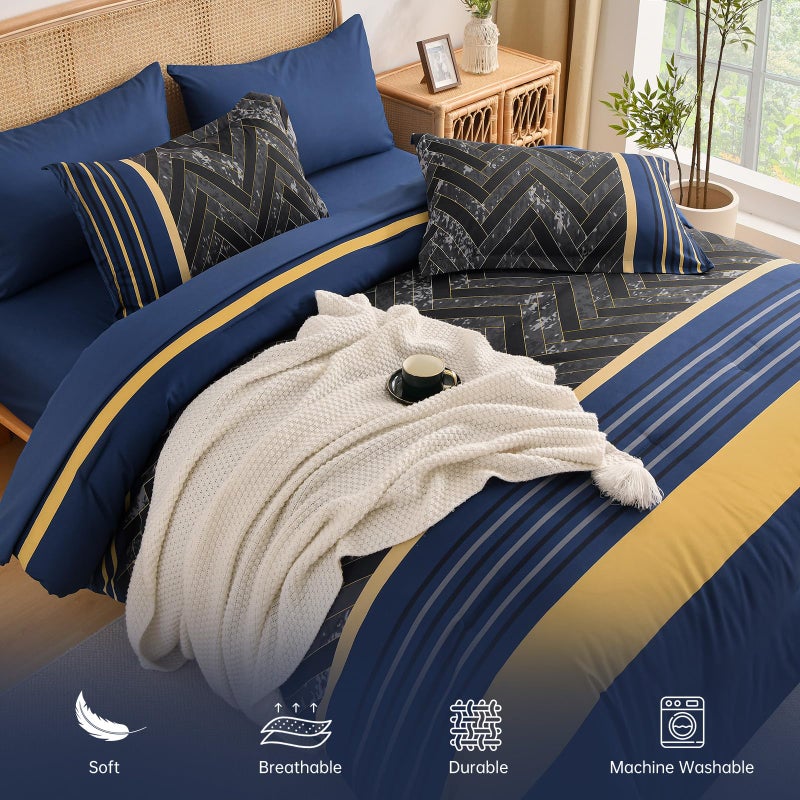 Luxudecor Blue and Yellow Comforter Set Queen Size, 7 Pieces Stripe Geometric Bed in a Bag, Marble Comforter and Sheet Set, Soft Microfiber Complete Bedding Sets for All Seasons - Image 4