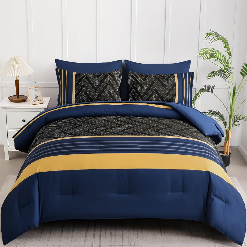Luxudecor Blue and Yellow Comforter Set Queen Size, 7 Pieces Stripe Geometric Bed in a Bag, Marble Comforter and Sheet Set, Soft Microfiber Complete Bedding Sets for All Seasons - Image 1