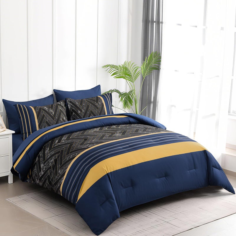 Luxudecor Blue and Yellow Comforter Set Queen Size, 7 Pieces Stripe Geometric Bed in a Bag, Marble Comforter and Sheet Set, Soft Microfiber Complete Bedding Sets for All Seasons - Image 2