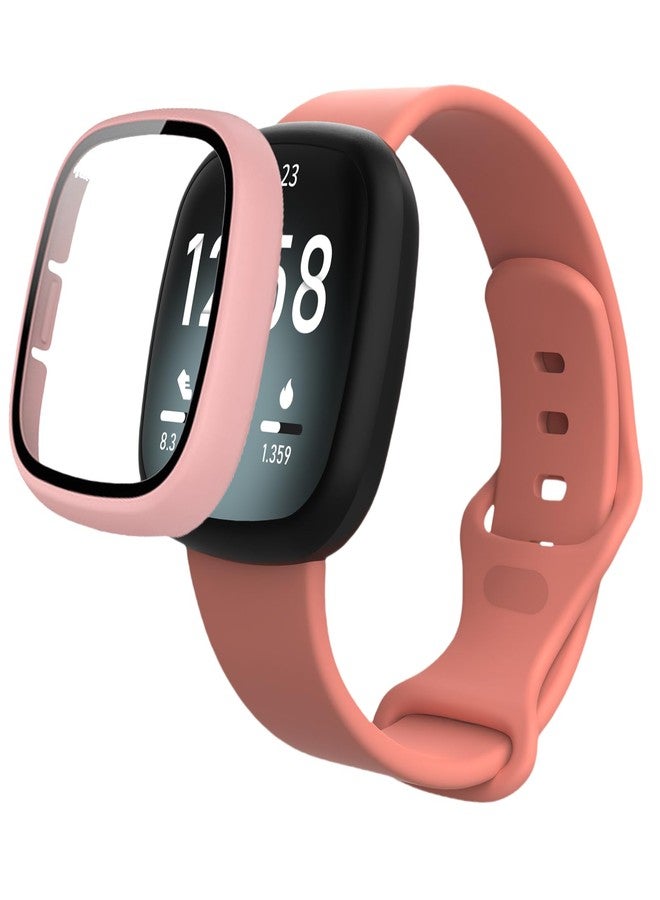 سوار سيليكون قابل للتهوية من QHBAMD متوافق مع ساعة Fitbit Versa 3، غطاء حماية من البولي كربونات لساعة Versa 3 (وردي) - Image 1