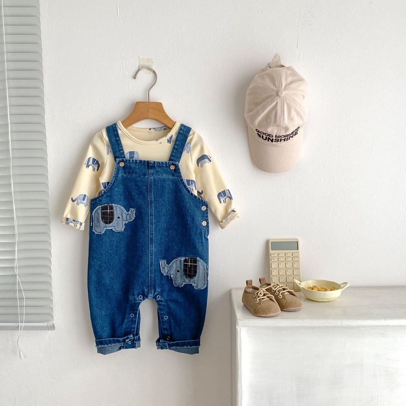 2025 Spring Wear Baby Baby Baby Elephant Embroidered Denim Suit Strappies Printed Base T-Shirt - Image 2