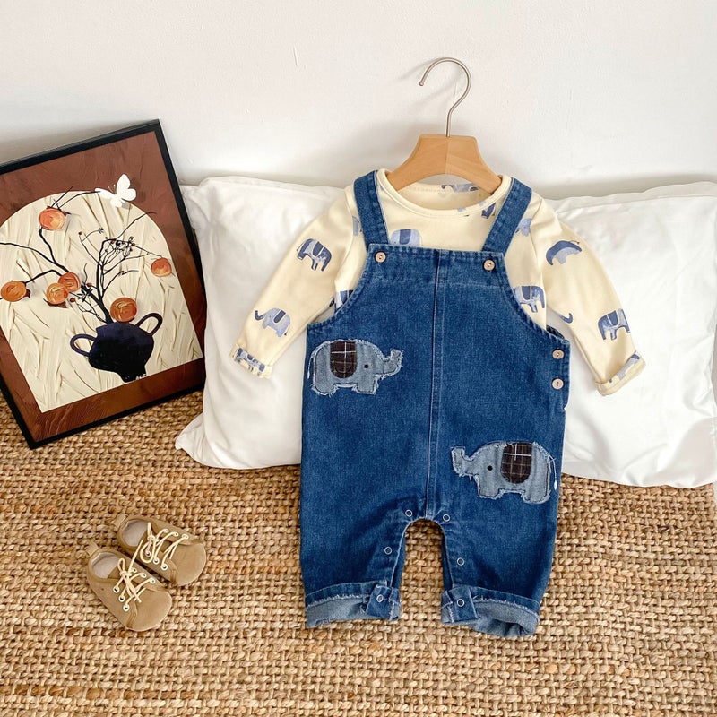 2025 Spring Wear Baby Baby Baby Elephant Embroidered Denim Suit Strappies Printed Base T-Shirt - Image 3