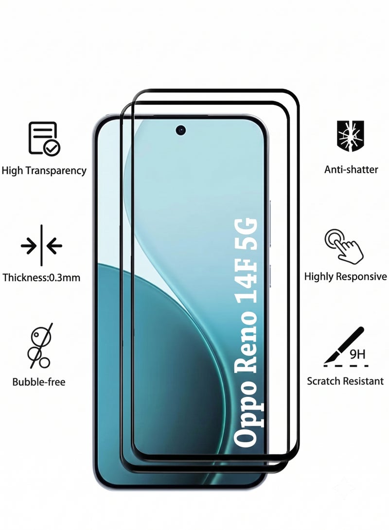 واقي شاشة لهاتف Oppo Reno 14F  (عبوة من قطعتين) | زجاج مقسّى متوافق مع Oppo Reno 14F 5G | واقي شاشة عالي الجودة، زجاج مقسّى مضاد للخدش، تغطية كاملة من الحافة إلى الحافة، مع طقم تركيب سهل - أسود - Image 2
