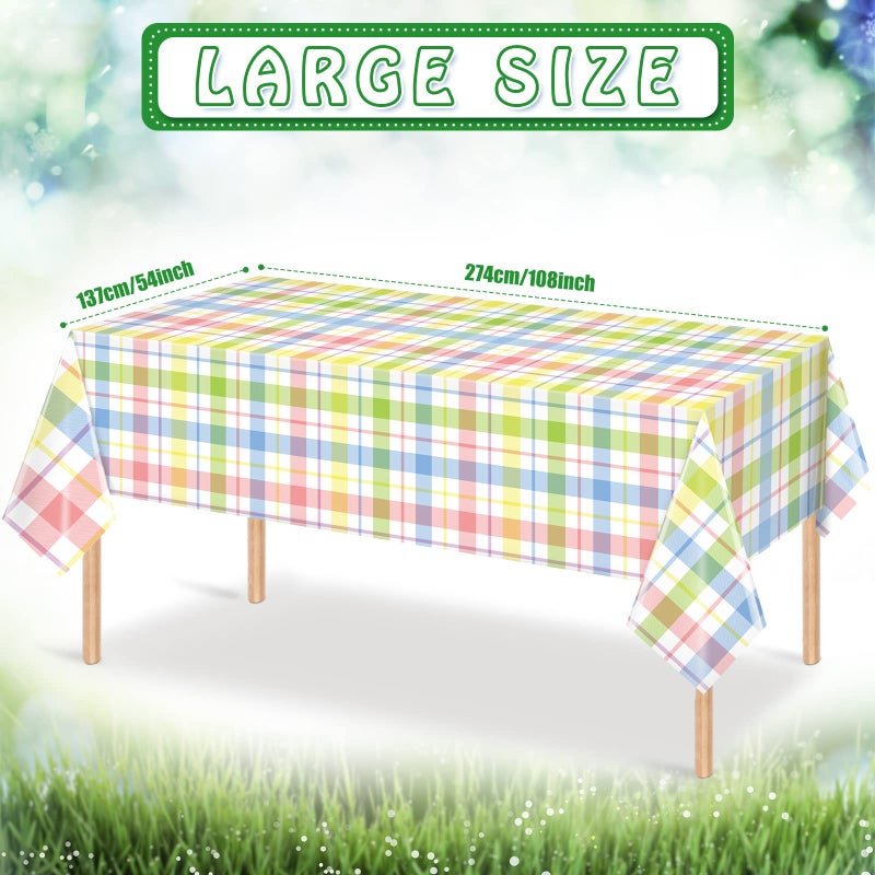 Jectivs 3Pcs Spring Easter Buffalo Plaid Checkered Tablecloth Decorations,Plastic Watercolor Pink Blue Yellow Pastel Dinner Table Cover for Indoor Outdoor Spring Birthday Easter Party Supplies,54 x 108 Inch - Image 2