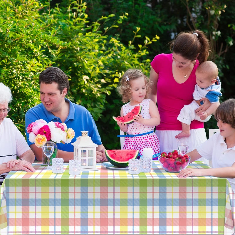 Jectivs 3Pcs Spring Easter Buffalo Plaid Checkered Tablecloth Decorations,Plastic Watercolor Pink Blue Yellow Pastel Dinner Table Cover for Indoor Outdoor Spring Birthday Easter Party Supplies,54 x 108 Inch - Image 5