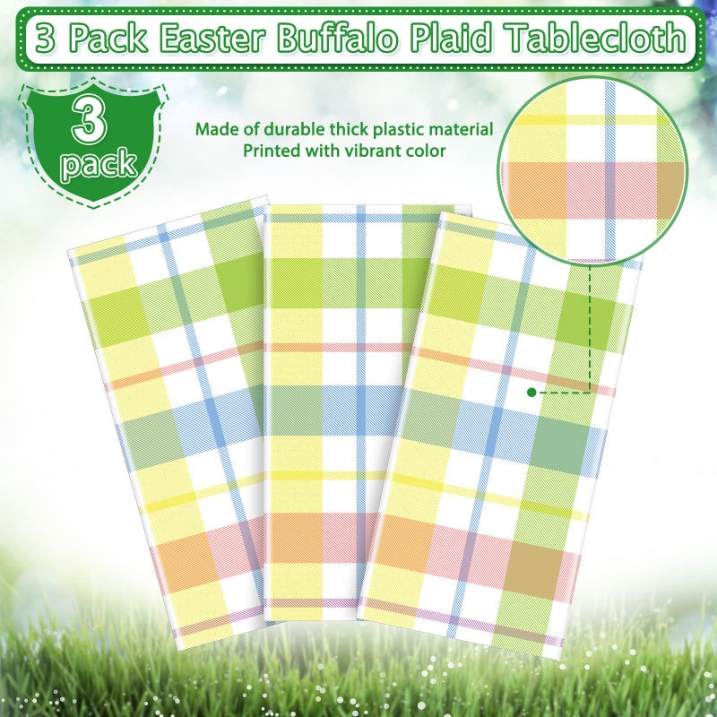 Jectivs 3Pcs Spring Easter Buffalo Plaid Checkered Tablecloth Decorations,Plastic Watercolor Pink Blue Yellow Pastel Dinner Table Cover for Indoor Outdoor Spring Birthday Easter Party Supplies,54 x 108 Inch - Image 4
