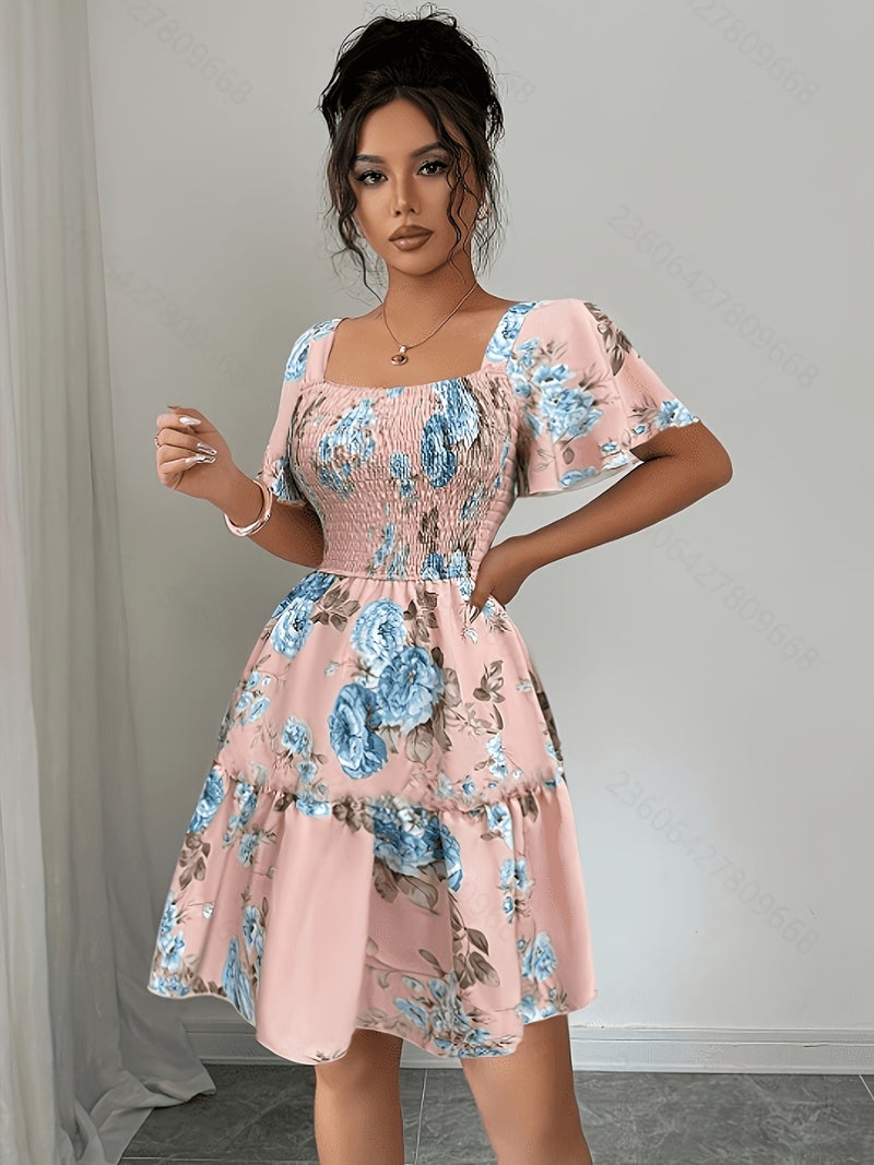 Summer Vacation Floral Print Short Dress with Waist Cinching - Image 5