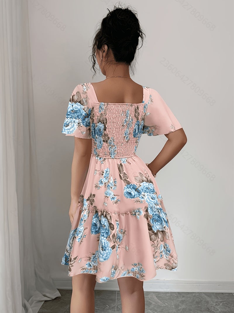 Summer Vacation Floral Print Short Dress with Waist Cinching - Image 2