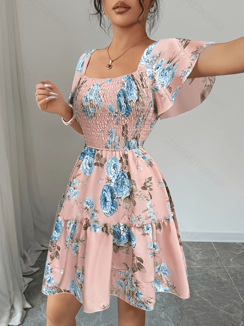 Summer Vacation Floral Print Short Dress with Waist Cinching - Image 4