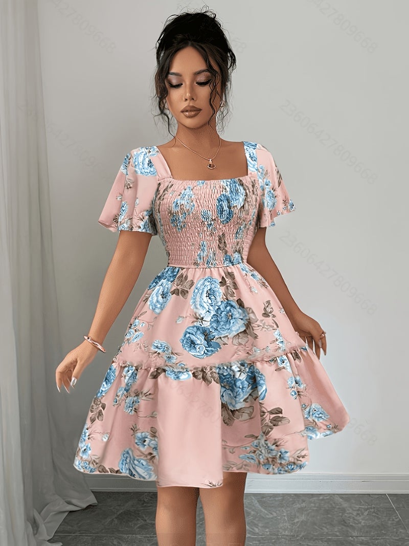 Summer Vacation Floral Print Short Dress with Waist Cinching - Image 3