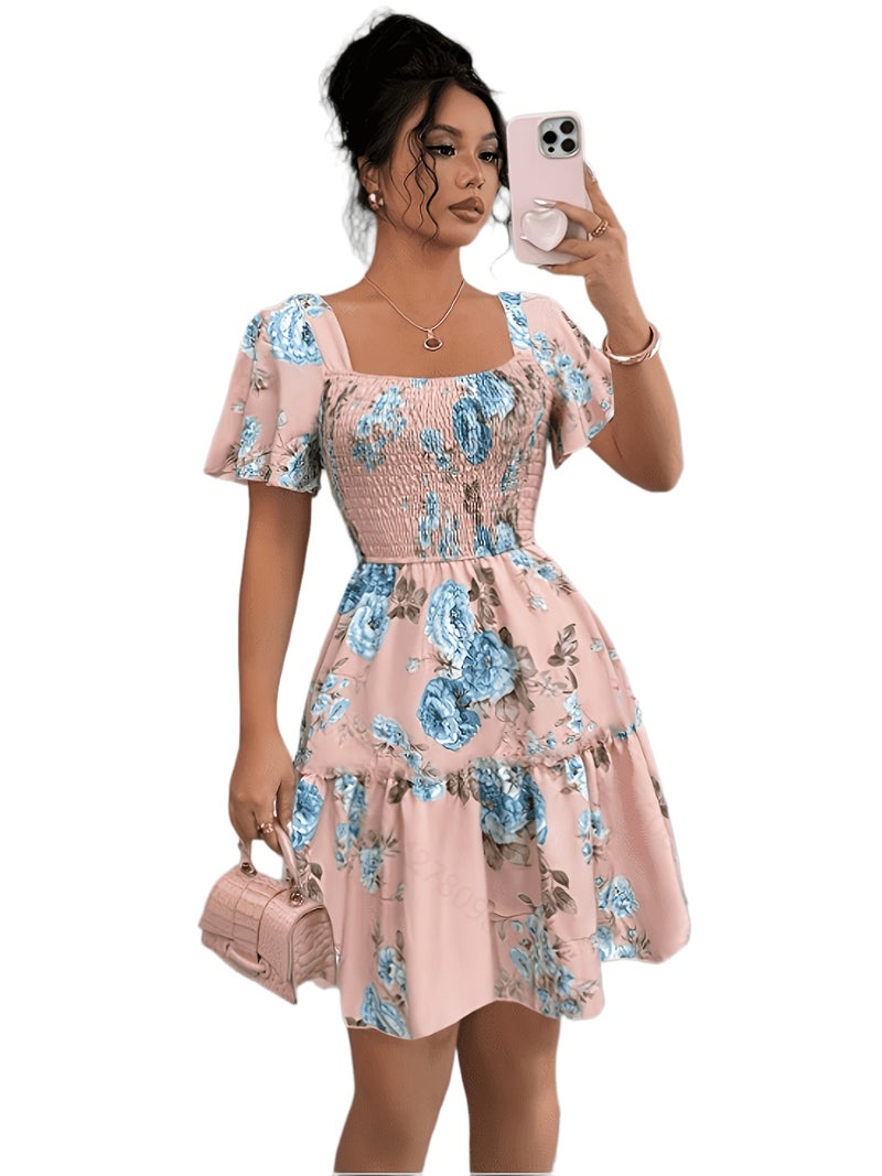 Summer Vacation Floral Print Short Dress with Waist Cinching - Image 1