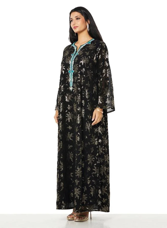 Thouq Black and Gold A-Line Maxi Jalabiya