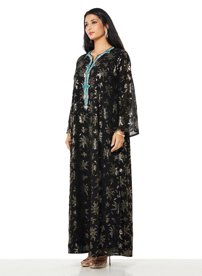 Thouq Black and Gold A-Line Maxi Jalabiya - Image 1