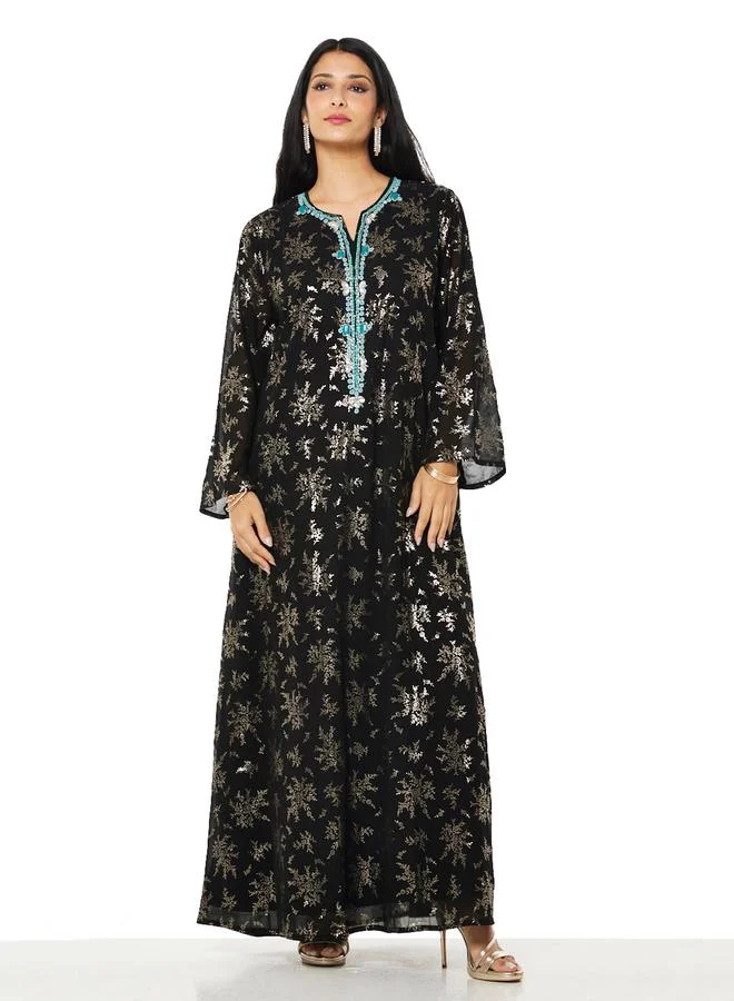 Thouq Black and Gold A-Line Maxi Jalabiya
