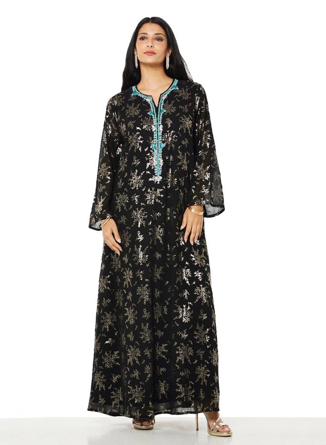 Thouq Black and Gold A-Line Maxi Jalabiya - Image 2