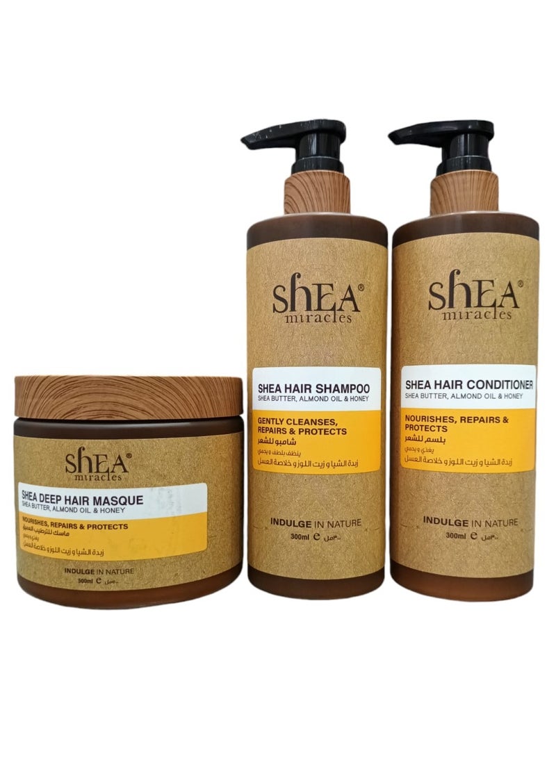 ShEA miracles Shampoo 300 ml  Conditioner 300 ml and Hair Mask 500 ml With Shea Butter  Almond Oil and Honey Extract  Suitable for Damaged and Very Dry Hair.
