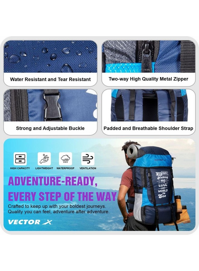 Vector X Hiking 55 Liter Rucksack Travel Backpack Bag for Camping, Hiking, Traveling, Trekking, Outdooor, 2 Main Compartment, 1 Shoe Pocket, With Rain Cover Material - Mesh, Color - Blue - Image 3