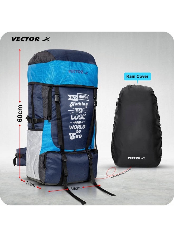 Vector X Hiking 55 Liter Rucksack Travel Backpack Bag for Camping, Hiking, Traveling, Trekking, Outdooor, 2 Main Compartment, 1 Shoe Pocket, With Rain Cover Material - Mesh, Color - Blue - Image 4