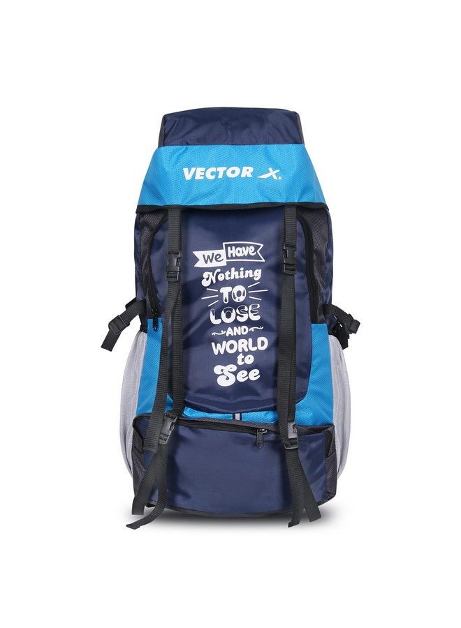 Vector X Hiking 55 Liter Rucksack Travel Backpack Bag for Camping, Hiking, Traveling, Trekking, Outdooor, 2 Main Compartment, 1 Shoe Pocket, With Rain Cover Material - Mesh, Color - Blue - Image 1
