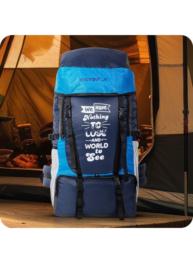 Vector X Hiking 55 Liter Rucksack Travel Backpack Bag for Camping, Hiking, Traveling, Trekking, Outdooor, 2 Main Compartment, 1 Shoe Pocket, With Rain Cover Material - Mesh, Color - Blue - Image 2