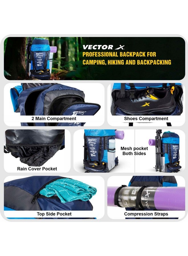Vector X Hiking 55 Liter Rucksack Travel Backpack Bag for Camping, Hiking, Traveling, Trekking, Outdooor, 2 Main Compartment, 1 Shoe Pocket, With Rain Cover Material - Mesh, Color - Blue - Image 5