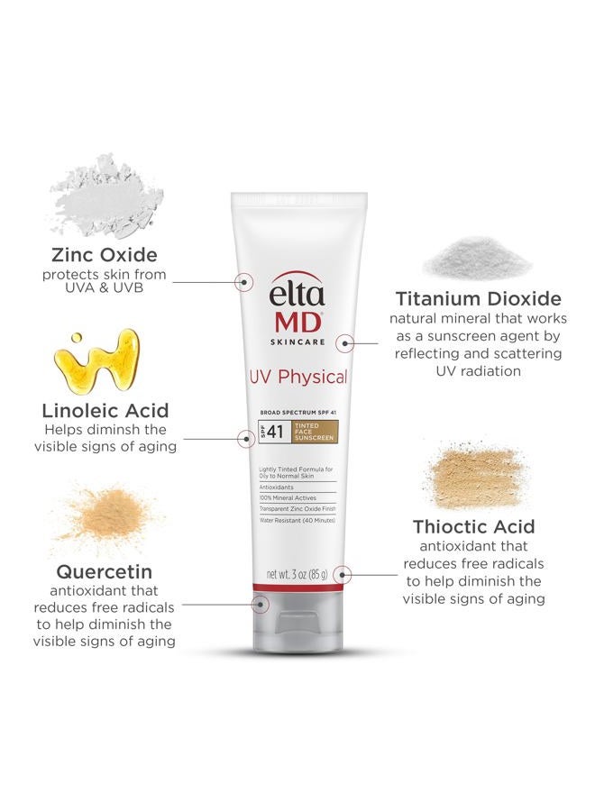 EltaMD UV Physical Tinted Mineral Sunscreen for Face SPF 41, 100% Mineral Actives Tinted Face Lotion, Water Resistant, Paraben-Free, Transparent Zinc Oxide Finish, Facial Travel Size Sunscreen 3 oz - Image 3