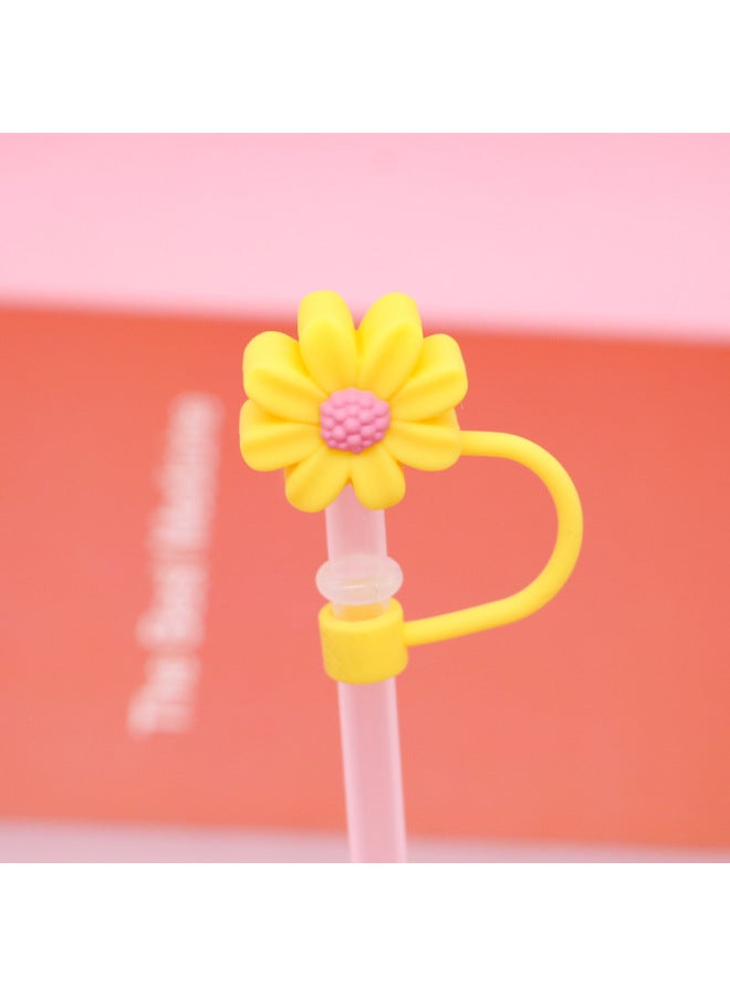 Silicone Straw Cap 8-10mm Cute Flower Doll Dust Cap Can Be Recycled Straw Plug-Color:Silicone Chrysanthemum-yellow Powder 8mm-Specifications:Bagged With Straw ]  - Image 1