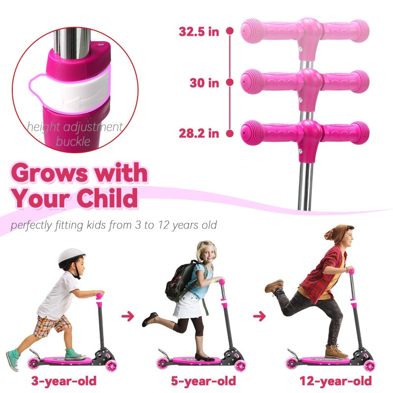 Feblomst 3 Wheel Scooter for Kids Age 3-12, Kid Scooters with Extra-Wide Deck, Lean to Steer Height Adjustable Handlebar, Light Up Wheels, Stable Smooth Riding Child Kick Scooter Hold 165 lbs, Girl Gift - Image 5