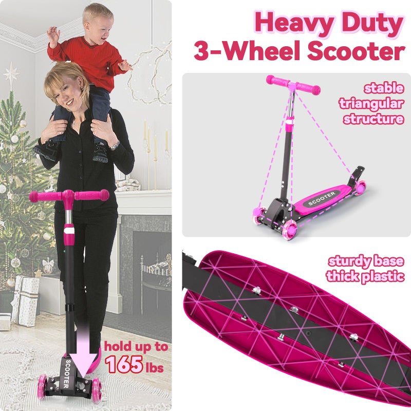 Feblomst 3 Wheel Scooter for Kids Age 3-12, Kid Scooters with Extra-Wide Deck, Lean to Steer Height Adjustable Handlebar, Light Up Wheels, Stable Smooth Riding Child Kick Scooter Hold 165 lbs, Girl Gift - Image 2
