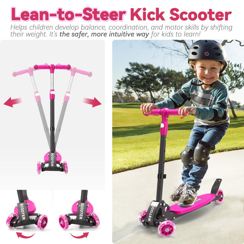 Feblomst 3 Wheel Scooter for Kids Age 3-12, Kid Scooters with Extra-Wide Deck, Lean to Steer Height Adjustable Handlebar, Light Up Wheels, Stable Smooth Riding Child Kick Scooter Hold 165 lbs, Girl Gift - Image 3