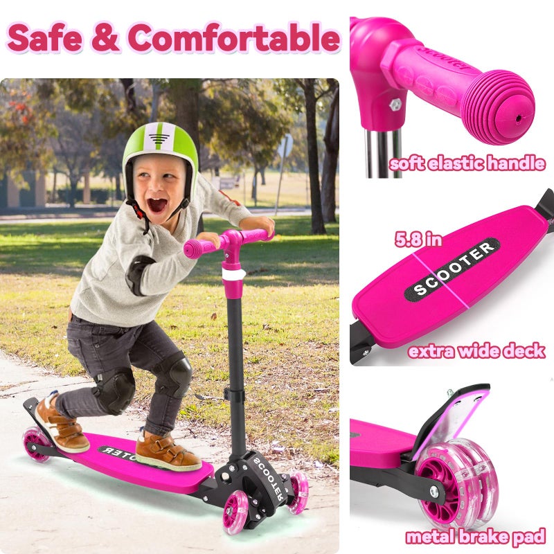 Feblomst 3 Wheel Scooter for Kids Age 3-12, Kid Scooters with Extra-Wide Deck, Lean to Steer Height Adjustable Handlebar, Light Up Wheels, Stable Smooth Riding Child Kick Scooter Hold 165 lbs, Girl Gift - Image 4
