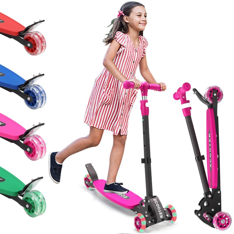 Feblomst 3 Wheel Scooter for Kids Age 3-12, Kid Scooters with Extra-Wide Deck, Lean to Steer Height Adjustable Handlebar, Light Up Wheels, Stable Smooth Riding Child Kick Scooter Hold 165 lbs, Girl Gift - Image 1