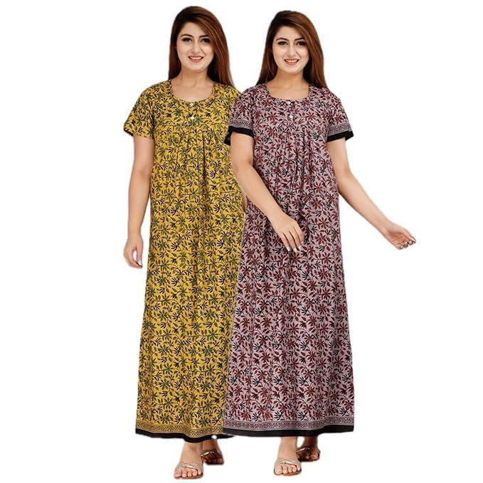 YUKATA Nighty for Women Cotton Printed Maxi Gown Ankle Length Nighty Night Dress Gown for Women Maxi - Free Size (Pack of 2) (Free Size, Musterd&Light) - Image 1
