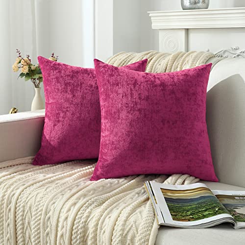 Jeneoo Decorative Fuschia Pink Throw Pillow Covers Rustic Farmhouse Super Soft Square Chenille Comfy Solid Cushion Couch Cases for Sofa Bedroom Chair (Set of 2, 18 x 18 Inches) - Image 2