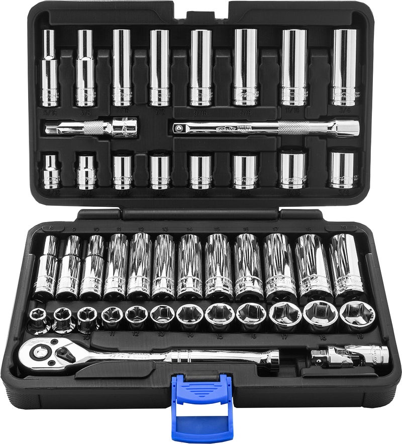 EPAuto 45 Pieces 3/8" Drive Socket Set with 72-Tooth Pear Head Ratchet - Image 1