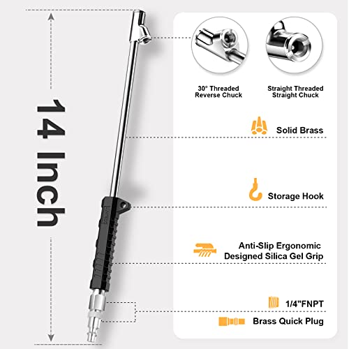 LUMITECO 14" Extended Reach Dual Head Air Chuck, 2-Way Connection 1/4" FNPT Straight Lock On Tire Inflate Chuck, Tire Chuck with Standard Quick Plug, Air Compressor Fill Kit for Truck RV Semi Dually Tires - Image 3