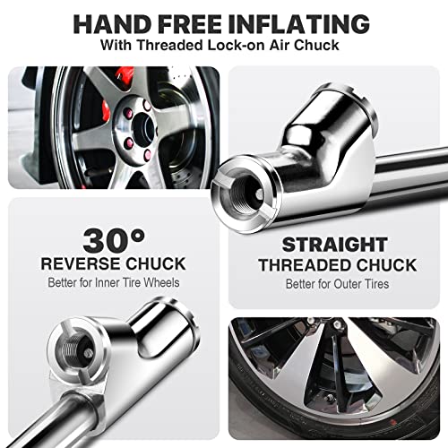 LUMITECO 14" Extended Reach Dual Head Air Chuck, 2-Way Connection 1/4" FNPT Straight Lock On Tire Inflate Chuck, Tire Chuck with Standard Quick Plug, Air Compressor Fill Kit for Truck RV Semi Dually Tires - Image 4