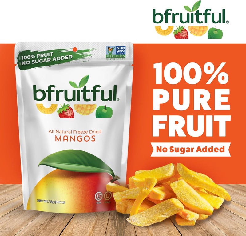 bfruitful مانجو مجفف بالتجميد طبيعي بالكامل من bfruitful - 12 عبوة من الوجبات الخفيفة الصحية، خالي من الجلوتين، نباتي، بدون سكر مضاف - Image 3