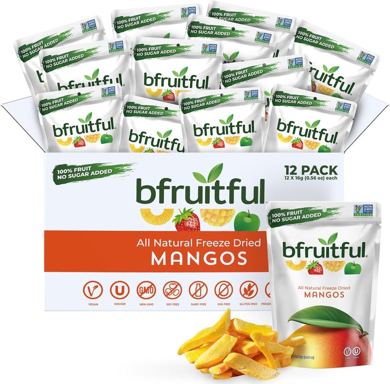 bfruitful مانجو مجفف بالتجميد طبيعي بالكامل من bfruitful - 12 عبوة من الوجبات الخفيفة الصحية، خالي من الجلوتين، نباتي، بدون سكر مضاف - Image 1