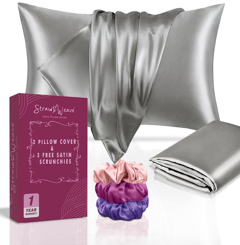 STRAW&WEAVE Satin Pillow Cover for Hair and Skin | 3 Months Warranty | with 2 Silk Pillow Cover & 3 Satin Scrunchies for Women - Image 1