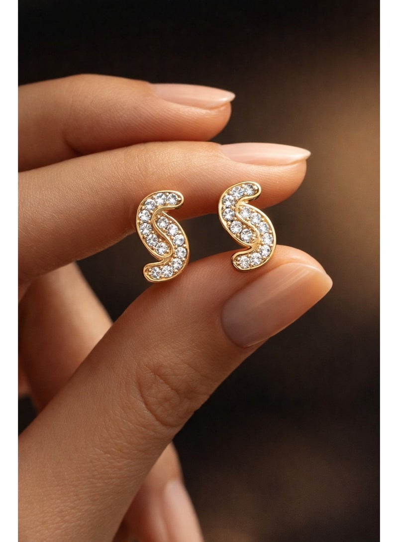 3Diamonds Gold Plated S-Shape Stud Earrings with Cubic Zirconia - Image 2