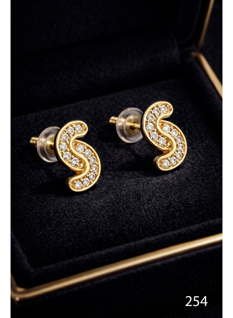3Diamonds Gold Plated S-Shape Stud Earrings with Cubic Zirconia - Image 1