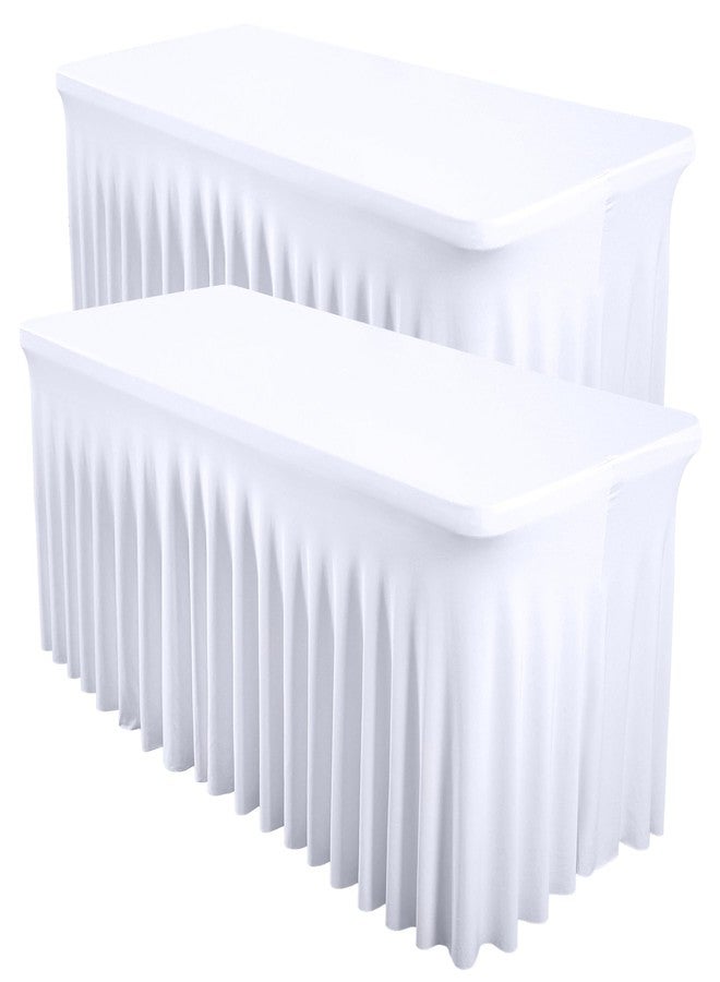 Shillance 2 Packs White Spandex Table Covers 6 Foot, Fitted Stretch Table Skirts 30x72 Inch, Wrinkle-Free Floor Length Polyester Tablecloths for Weddings Parties Banquets Events Decorations - Image 1